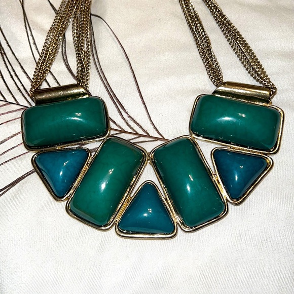 Bronze metal and blue/green stone costume necklace - Picture 2 of 2